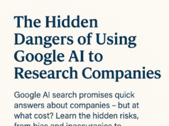 Google AI Search: Convenient, but Risky for Company Research The Hidden Dangers of Using Google AI to Research Companies,’ followed by a subheading explaining the risks of bias, inaccuracies, and reputational harm when using Google AI for company research."
